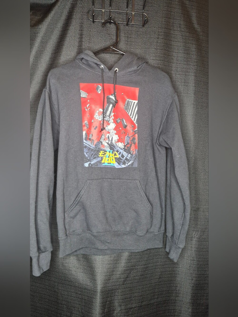 Charcoal Pullover Hoodie with Red Graphic Panel